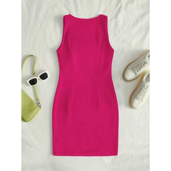 minimalist business casual workwear square neck Split Hem mini Dress blue - Picture 7 of 11